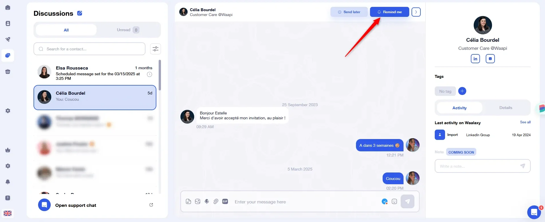 Messaging application interface with ongoing conversations and navigation options.