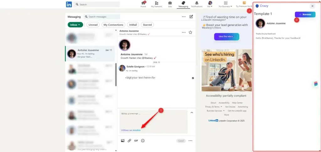 LinkedIn Messaging interface with contacts and a text field for sending a message.