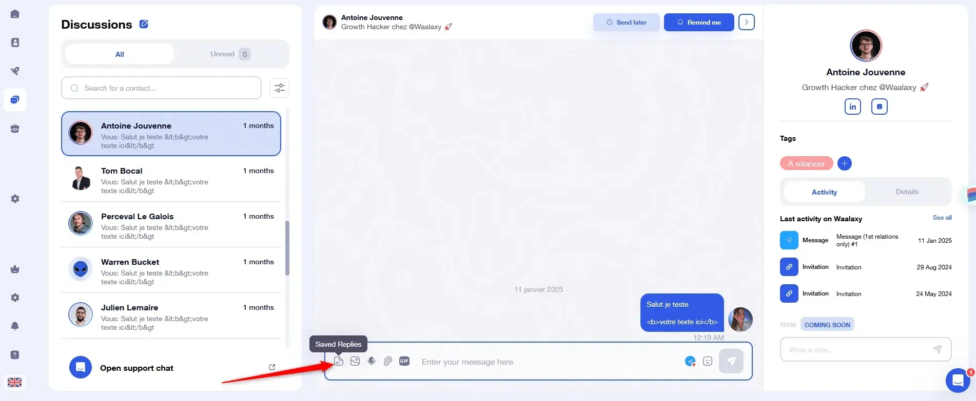 User interface for a forum or collaborative platform, with discussions, messages and profile on the right.