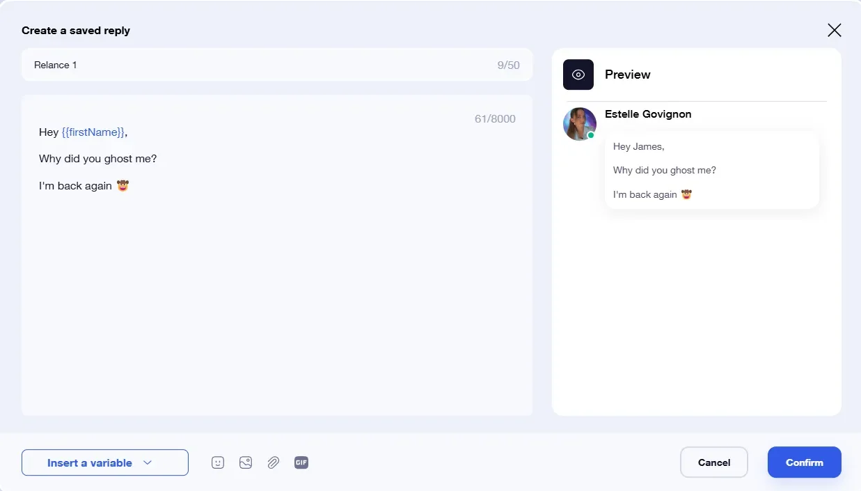Message sending interface with text field, preview and Confirm and Cancel buttons.