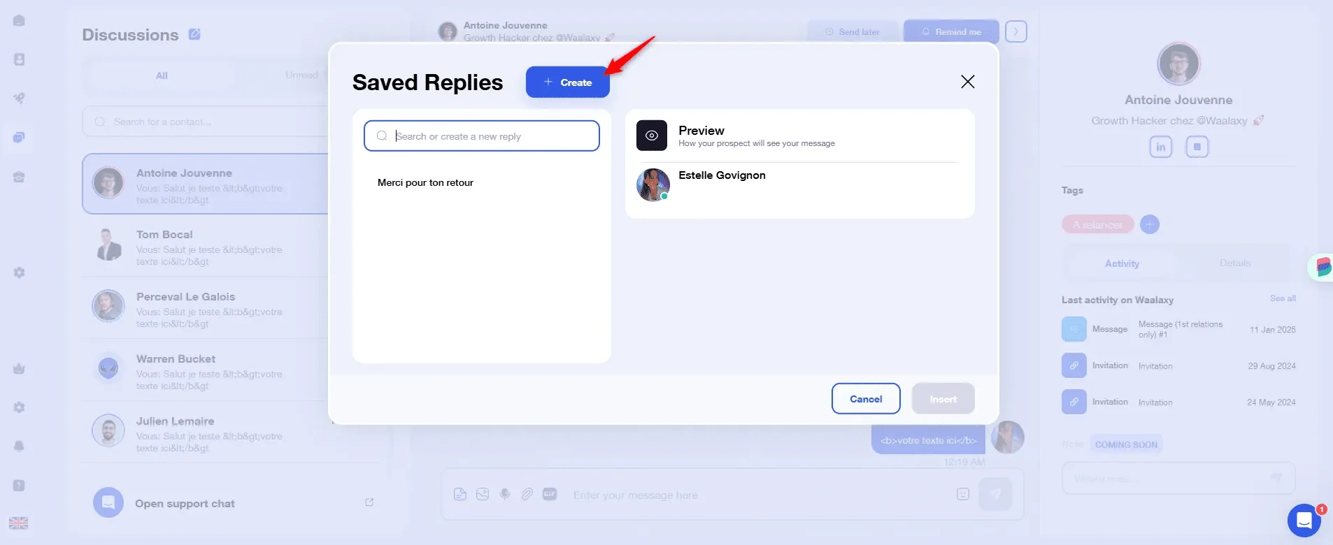 Interface for sending recorded replies in a chat.