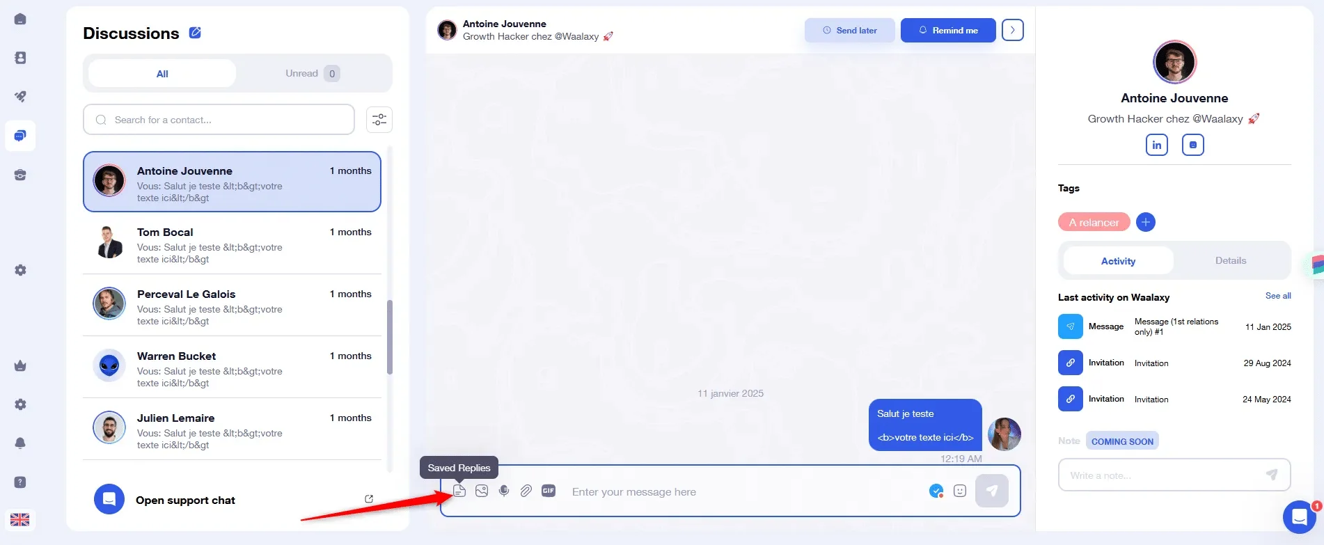 Online discussion interface with messages, mentions and user profile.