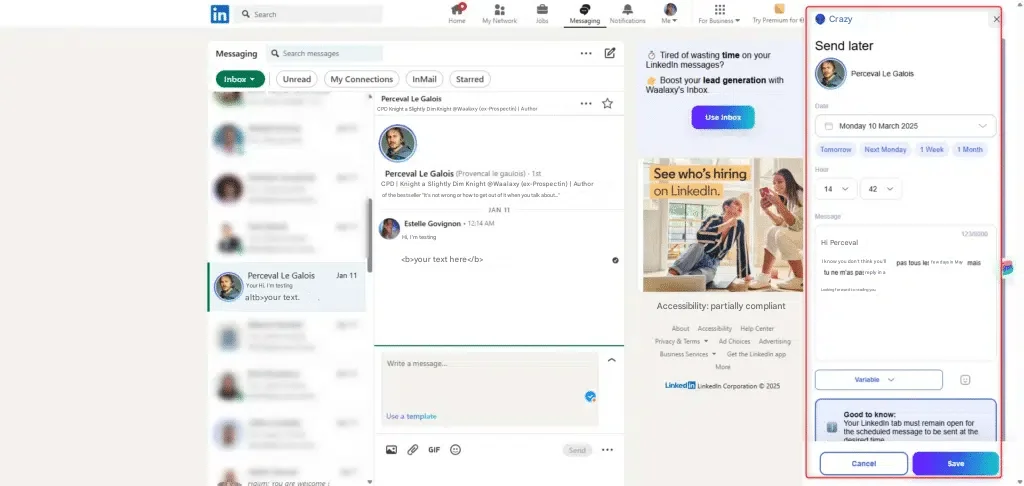 Screenshot showing LinkedIn conversations with messages in progress and an employability pop-up.