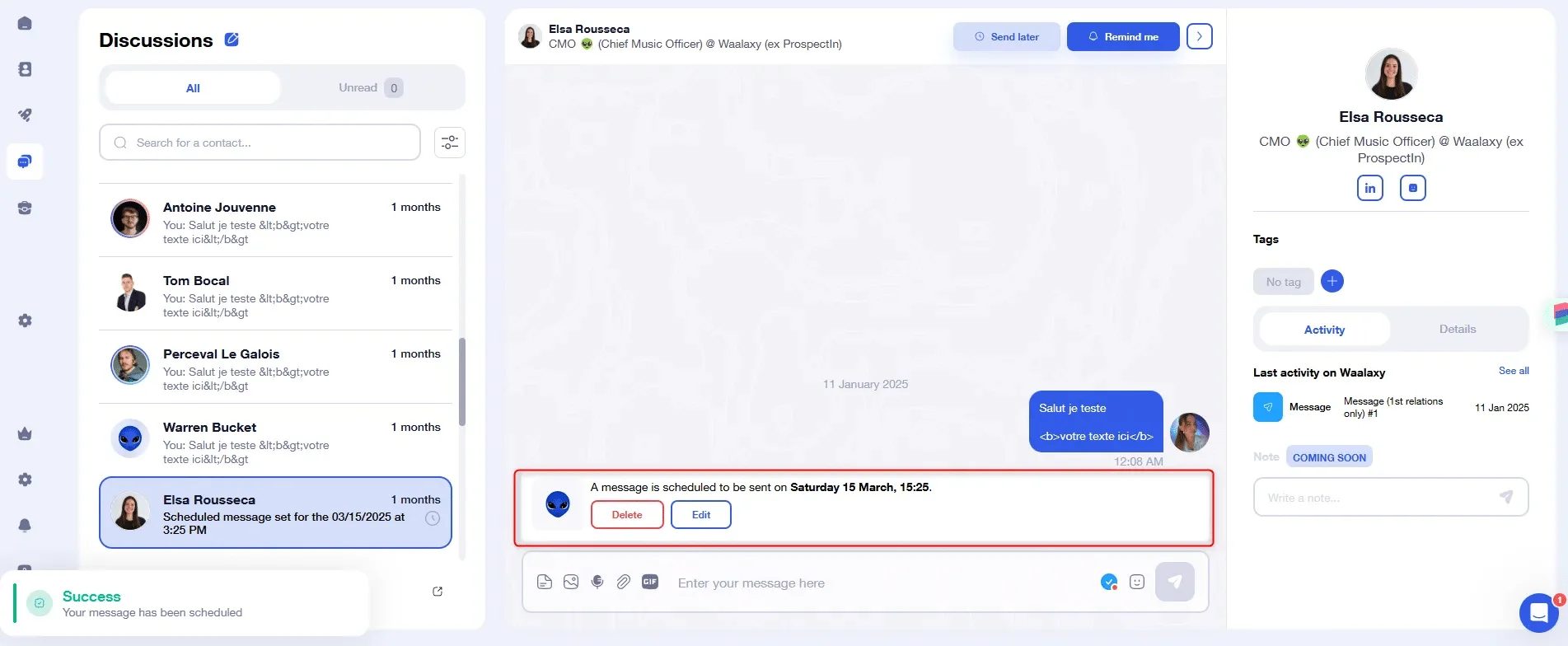 Messaging application interface with calendar, message queue and user profile.