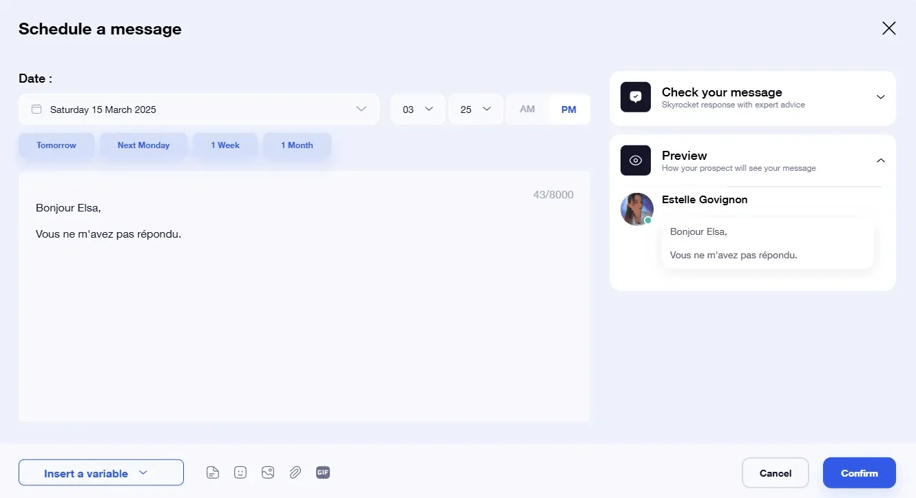 Scheduled e-mail interface with date and time fields and content preview.