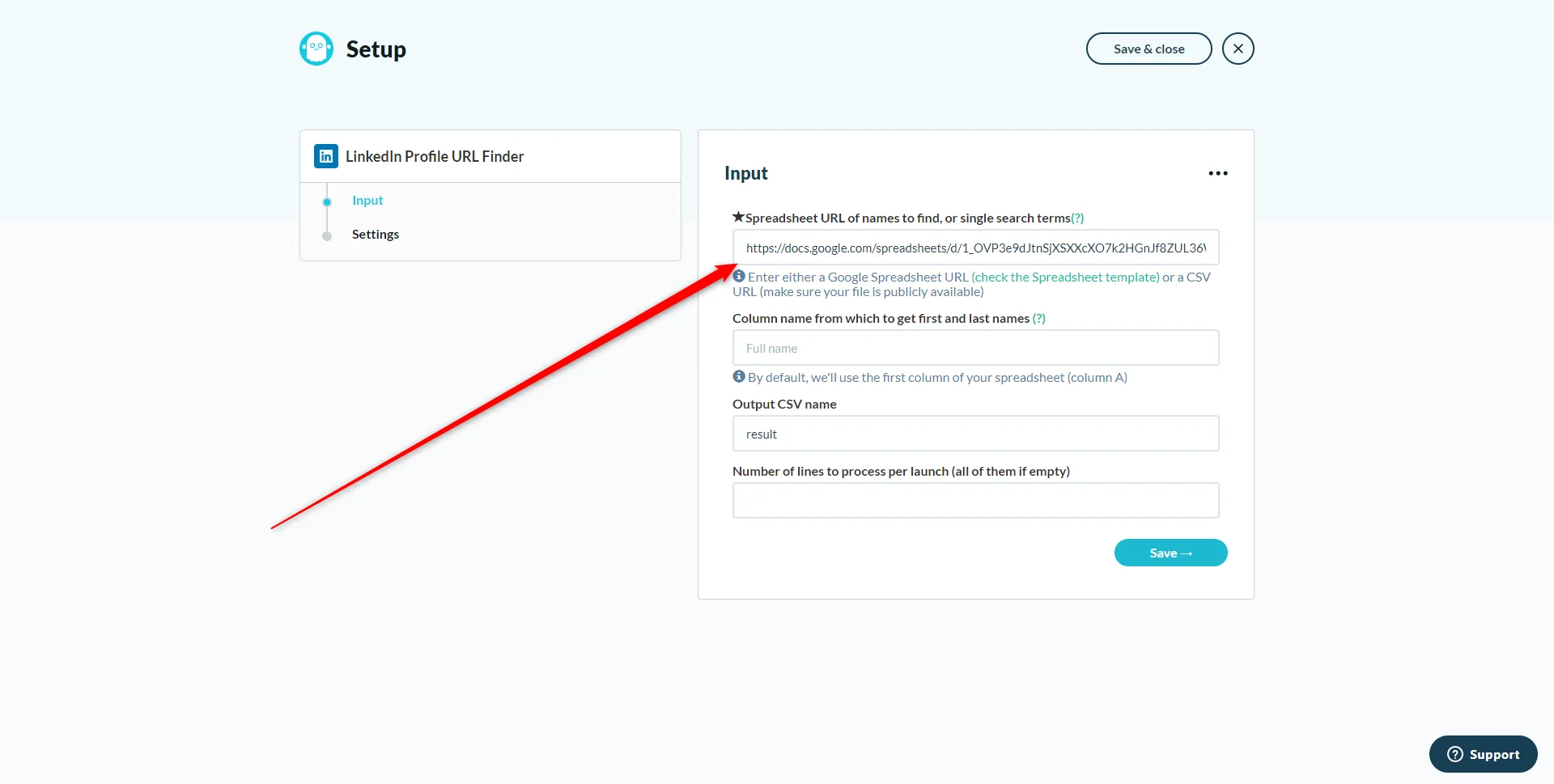 LinkedIn Profile URL Finder configuration d'entrée