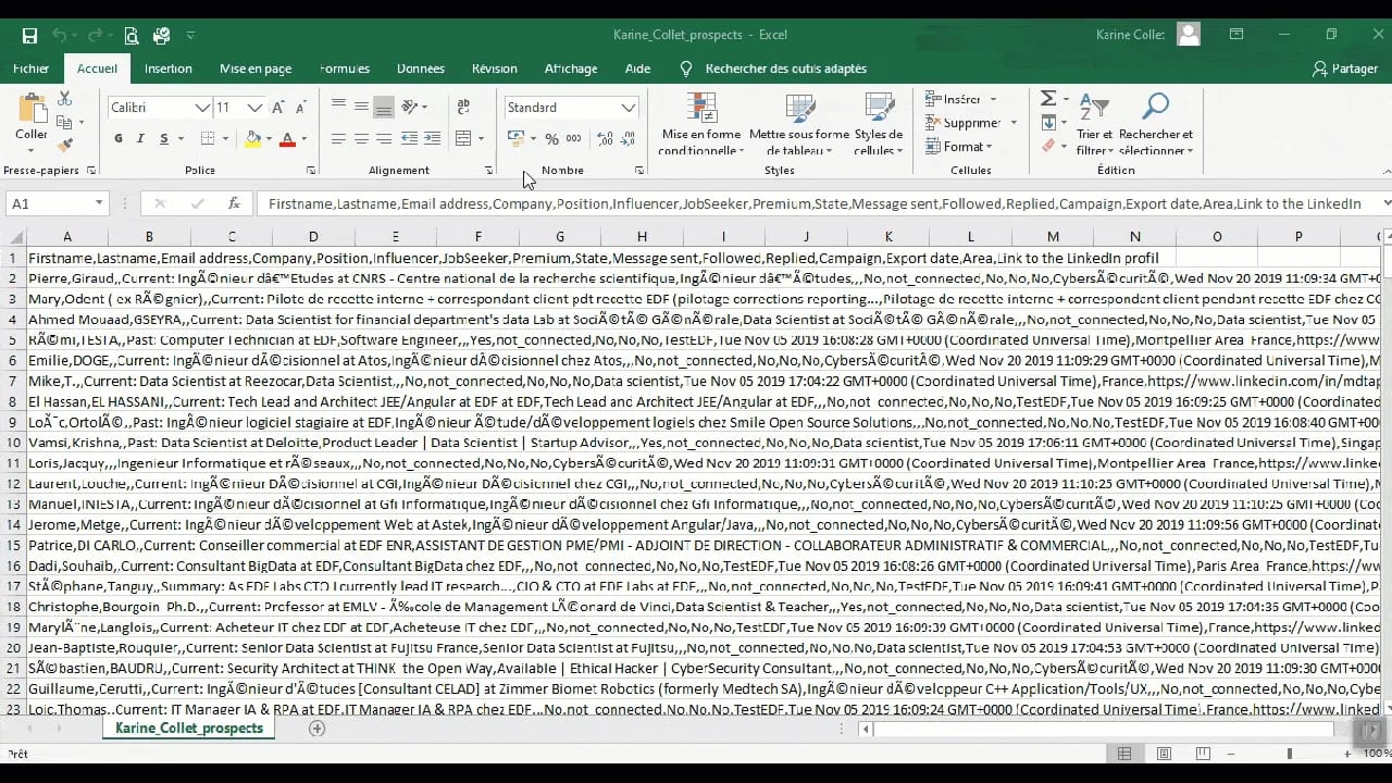 Excel prospection données contacts LinkedIn