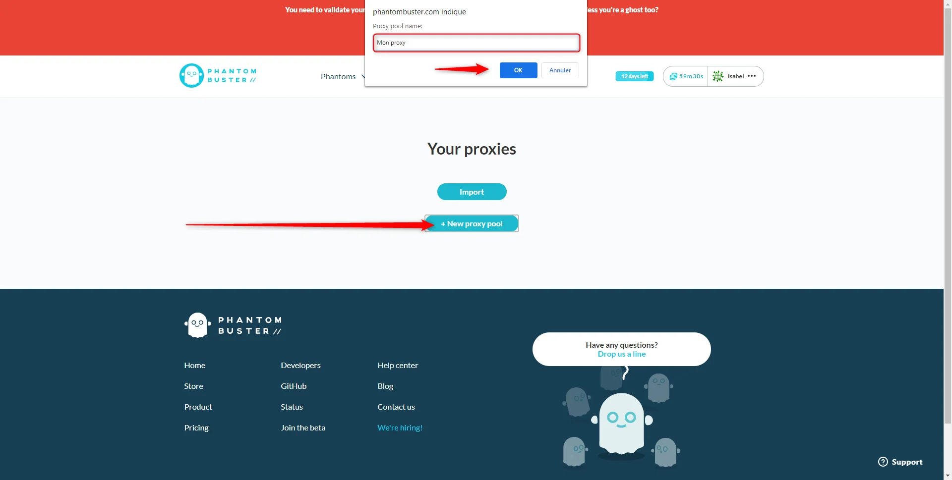 Phantom Buster create proxy pool dialog