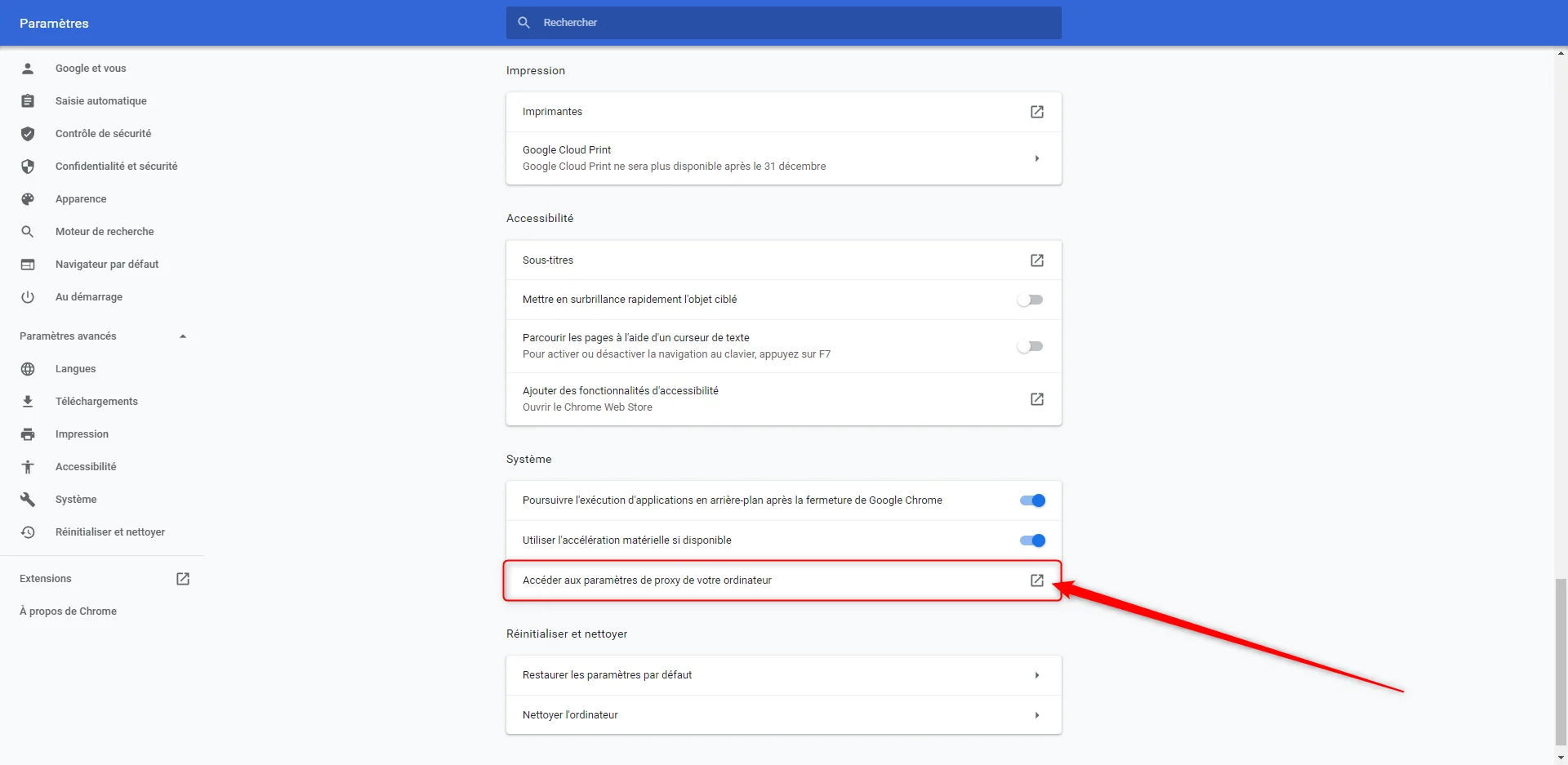 Paramètres proxy Google Chrome