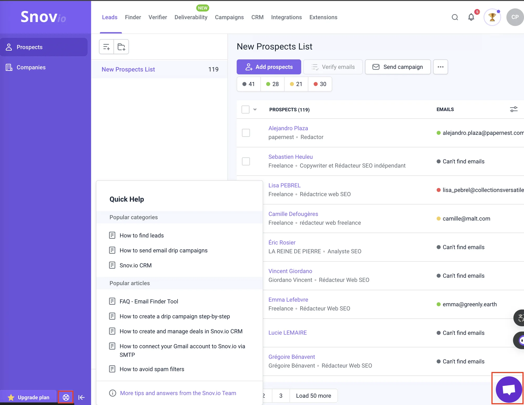 Interface Snov.io liste prospects emails