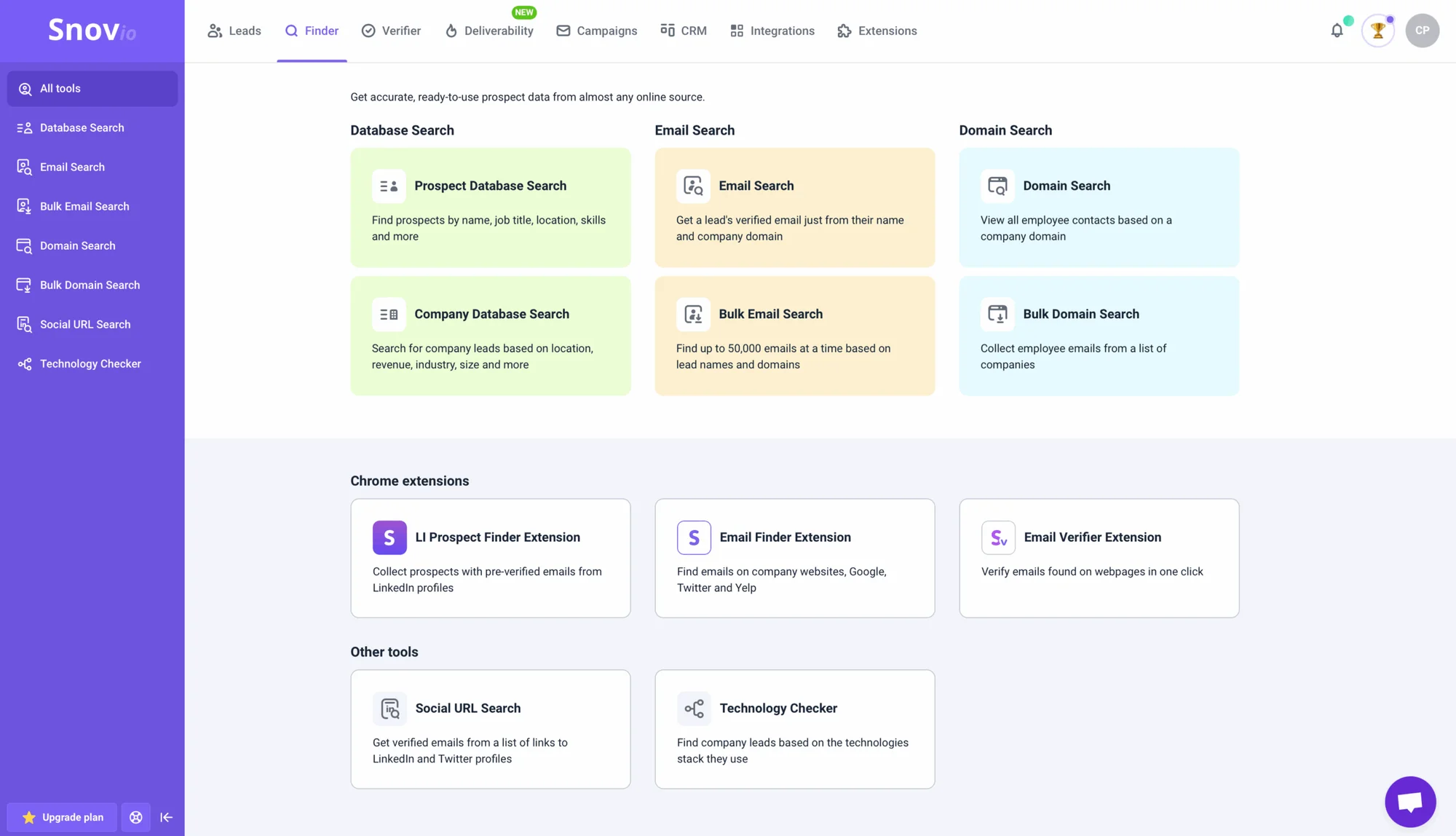 Snov Finder prospect database search tools