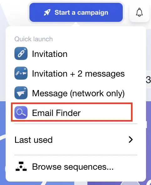 Waalaxy Email Finder menu lancement rapide