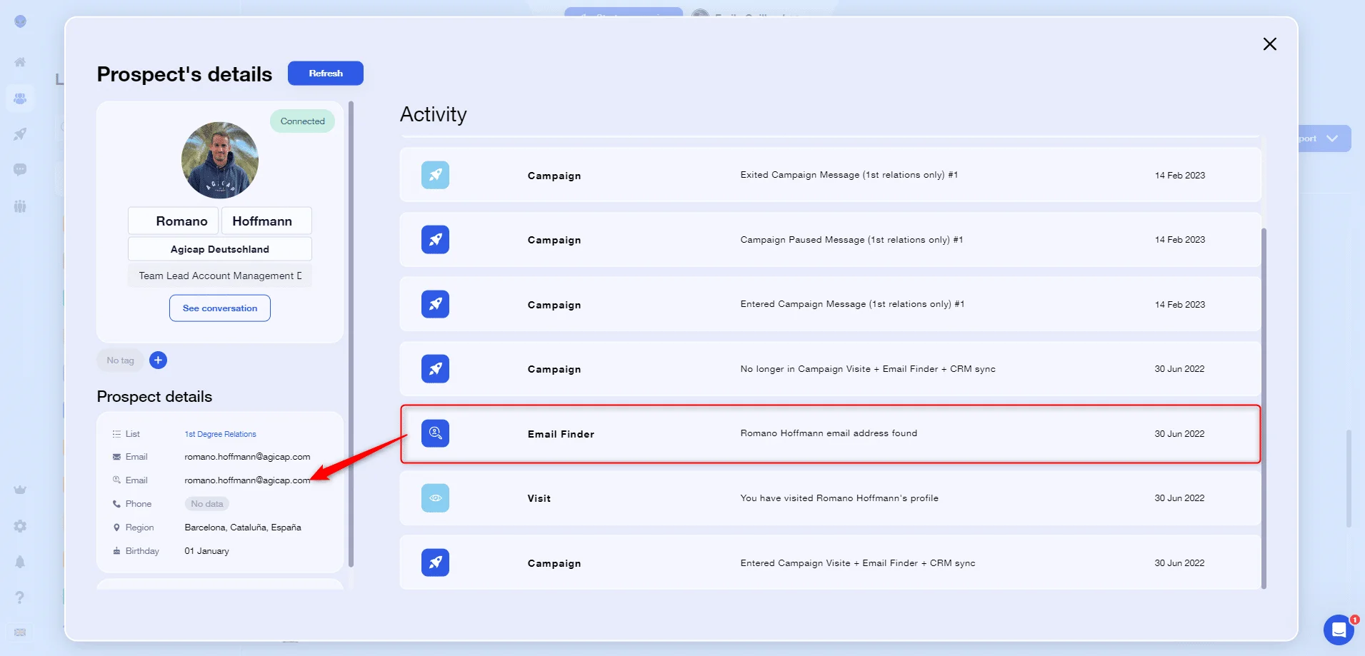 Détails prospect email finder Waalaxy