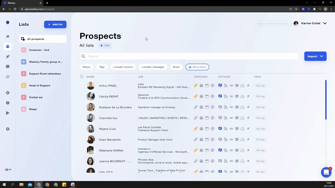 Interface prospection prospects Waalaxy