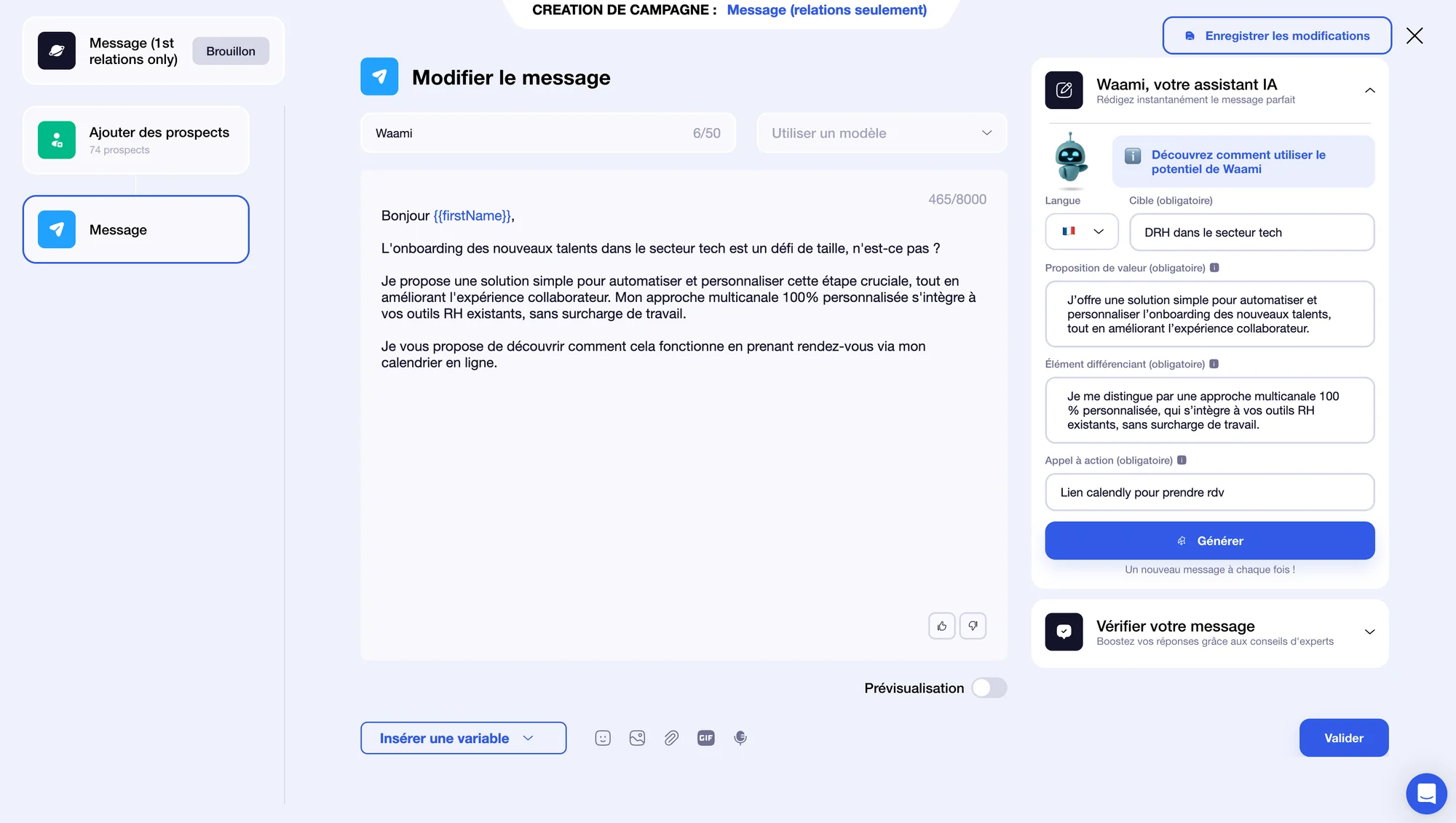 Interface d'envoi de messages avec champ de saisie personnalisable et prévisualisation du message en format complet.