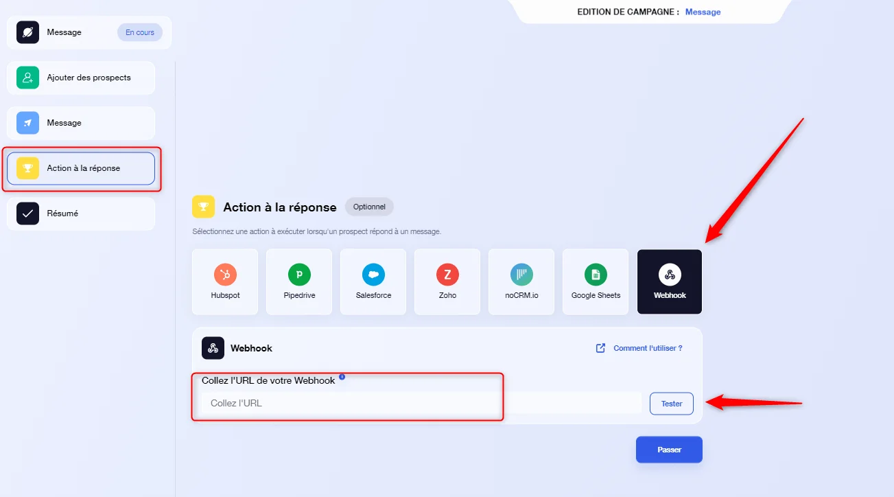 Action réponse webhook Waalaxy