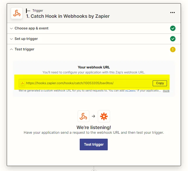 Zap and get the webhook URL