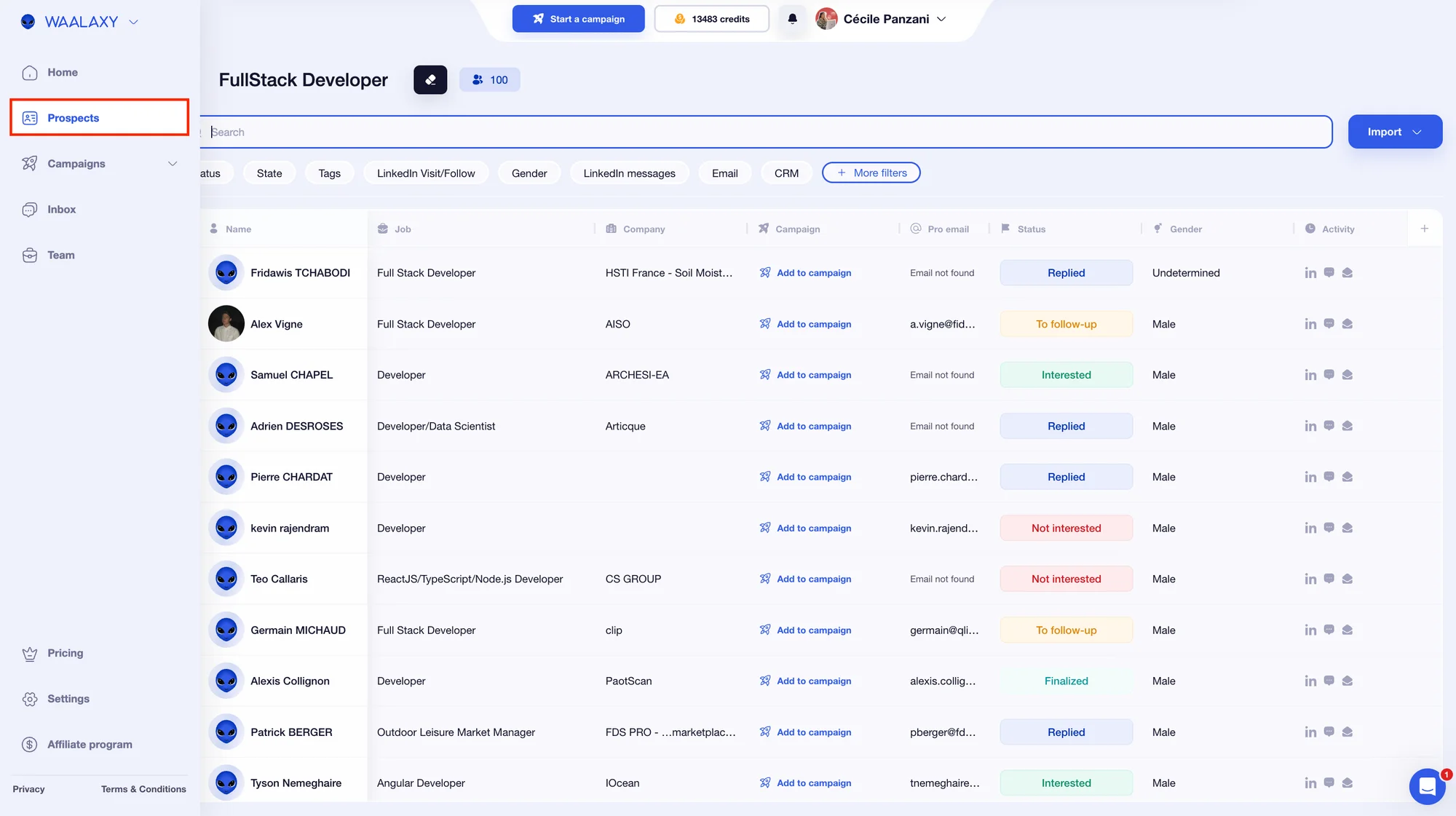 Lead management interface with Waalaxy