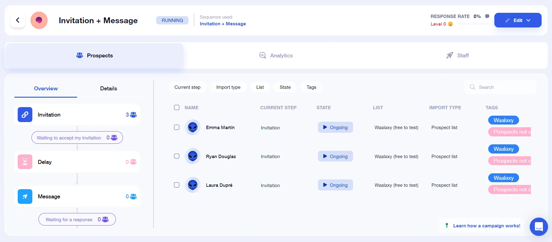 Page web d'administration de campagne marketing, liste des prospects en attente d'invitation.