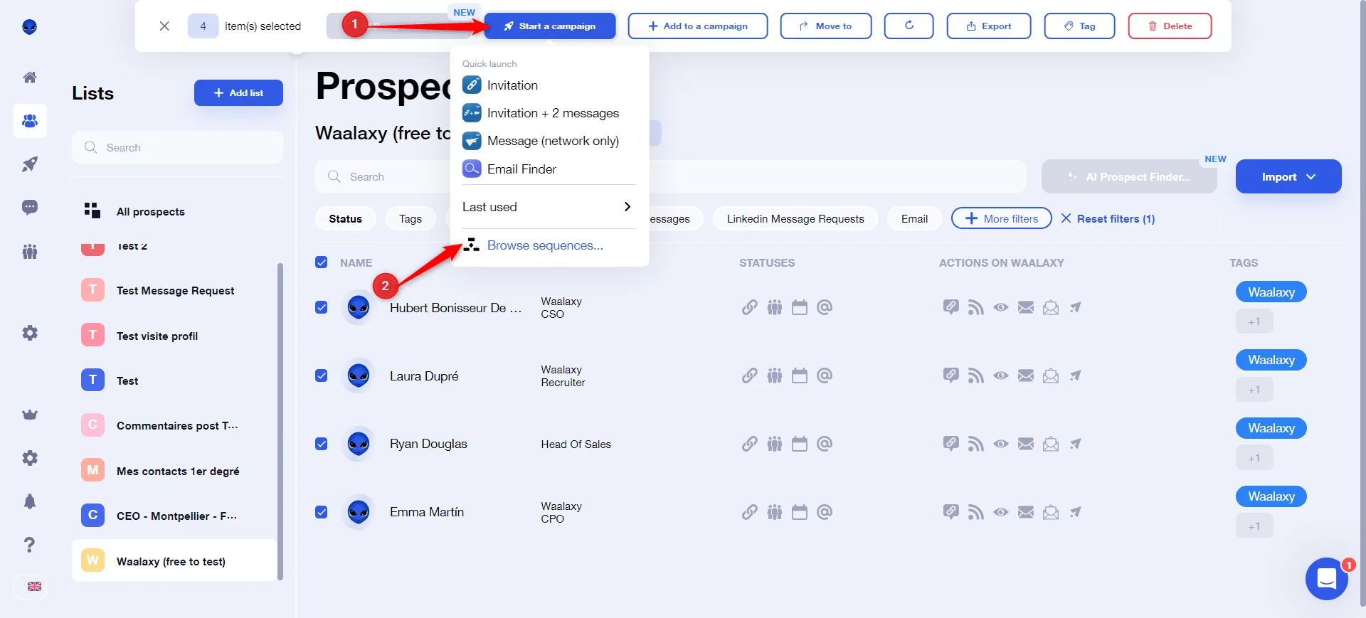 Page d'interface utilisateur de gestion de prospects, montrant des profils et des actions sur un logiciel de prospection.