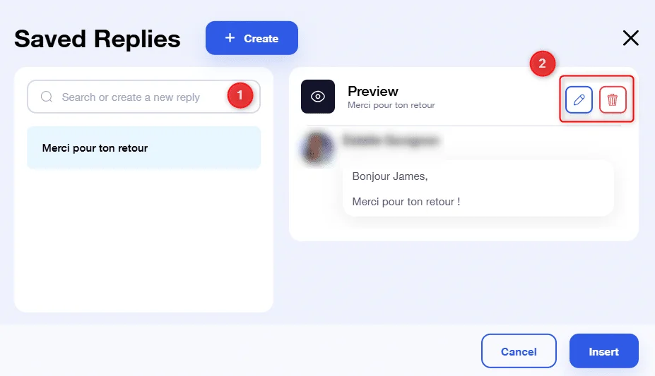 Interface d'envoi de réponses enregistrées, texte "Merci pour ton retour" sélectionné, icônes éditer et supprimer visibles.