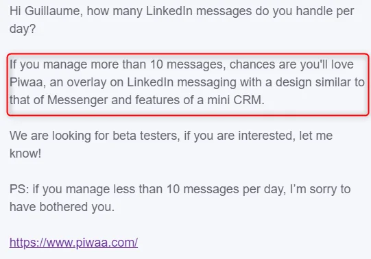 Exemplo de mensagem de prospeção no LinkedIn: a proposta de valor destacada