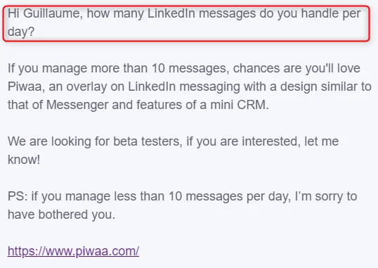 Exemplo de mensagem de prospeção no LinkedIn: o anzol destacado