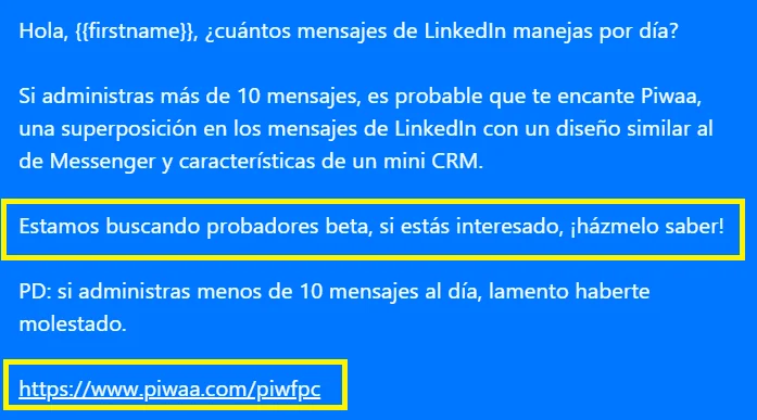 Ejemplo de mensaje de prospección en LinkedIn: la llamada a la acción destacada