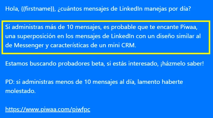 Ejemplo de mensaje de prospección en LinkedIn: la propuesta de valor destacada