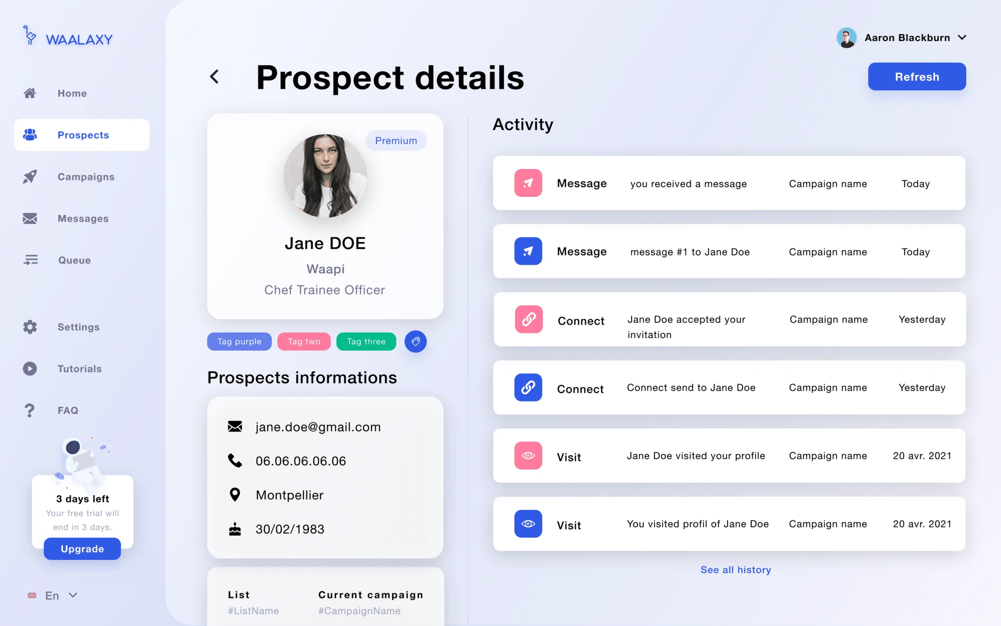 Prospect details Waalaxy CRM profile