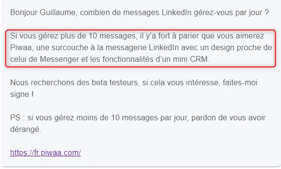 Esempio di messaggio di prospezione LinkedIn: la proposta di valore evidenziata