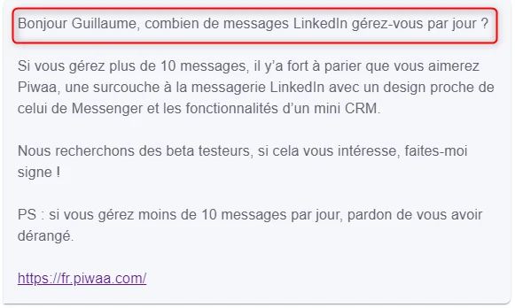 Esempio di messaggio di prospezione LinkedIn: il gancio evidenziato
