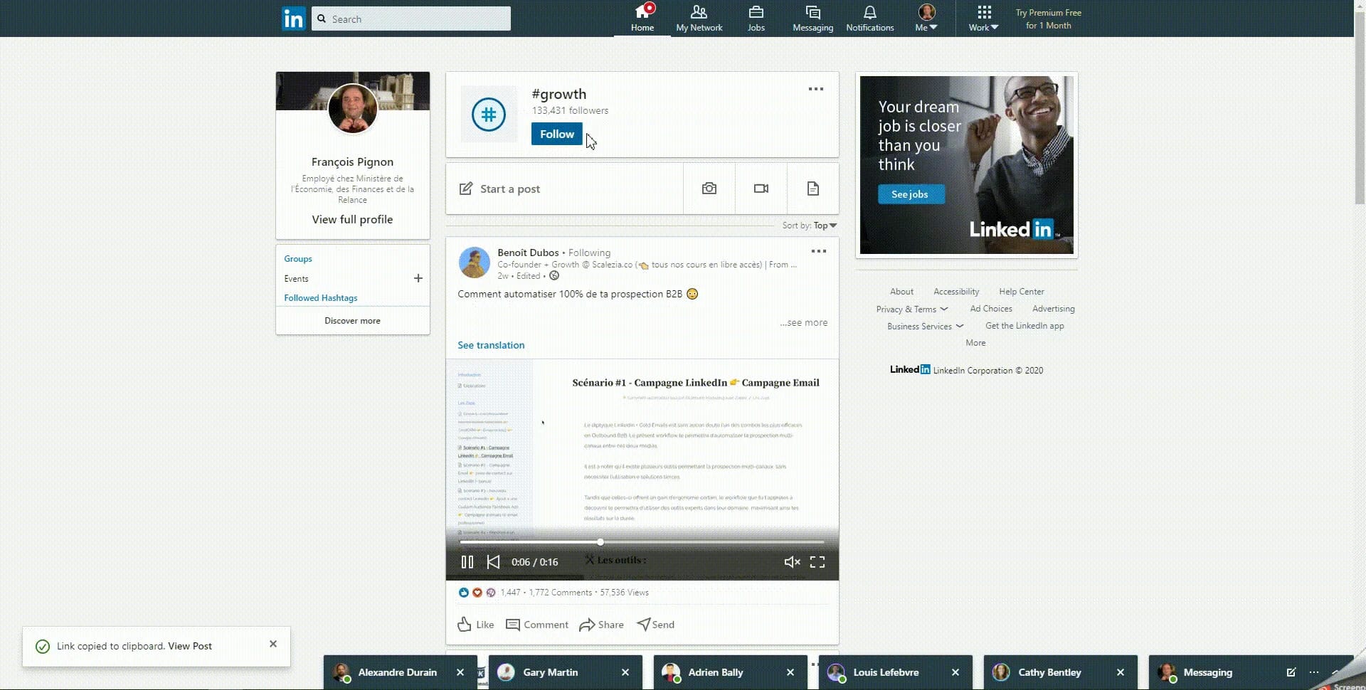 Interface LinkedIn fil actualité prospection