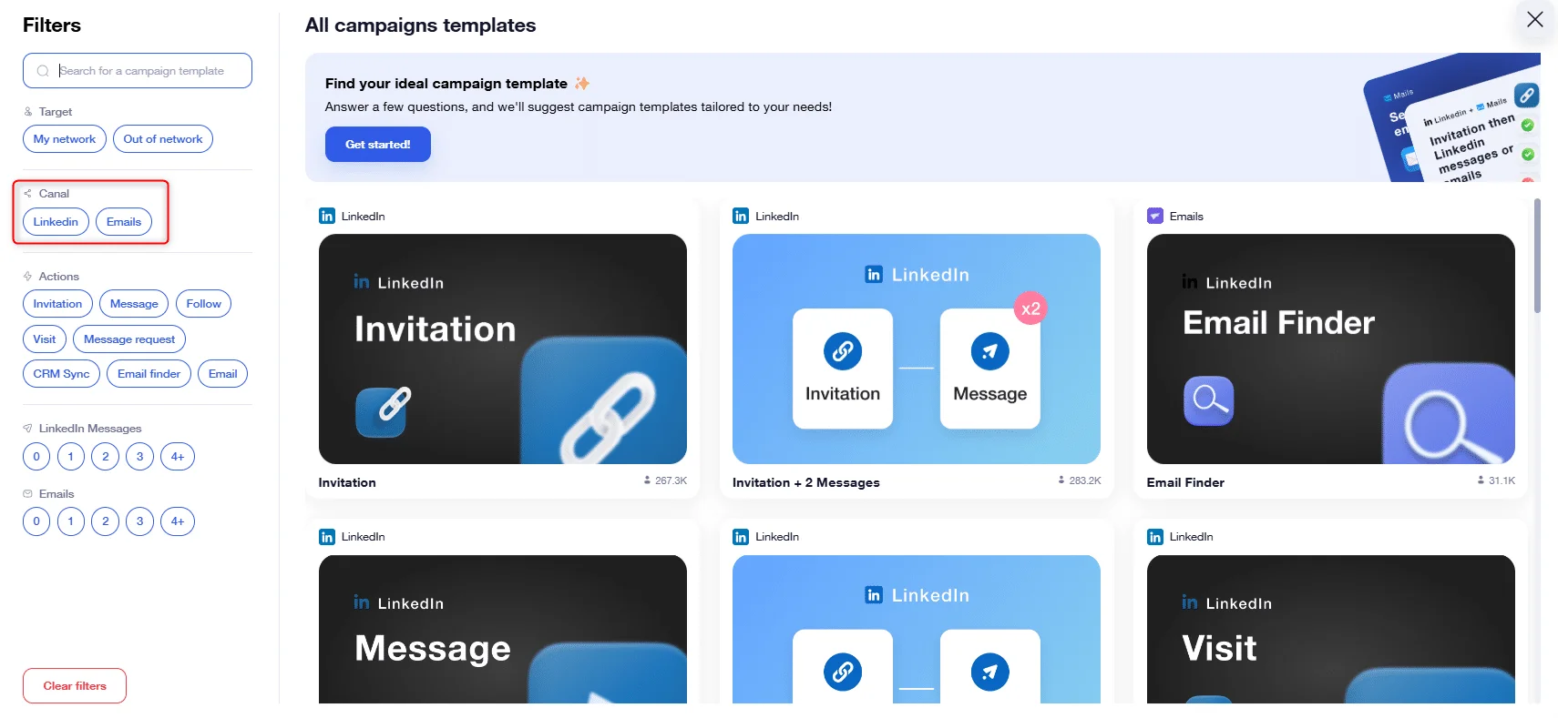 Page web présentant des modèles de campagnes LinkedIn : Invitation, Message, Email Finder, Visit. Filters sur la gauche. Contexte marketing.