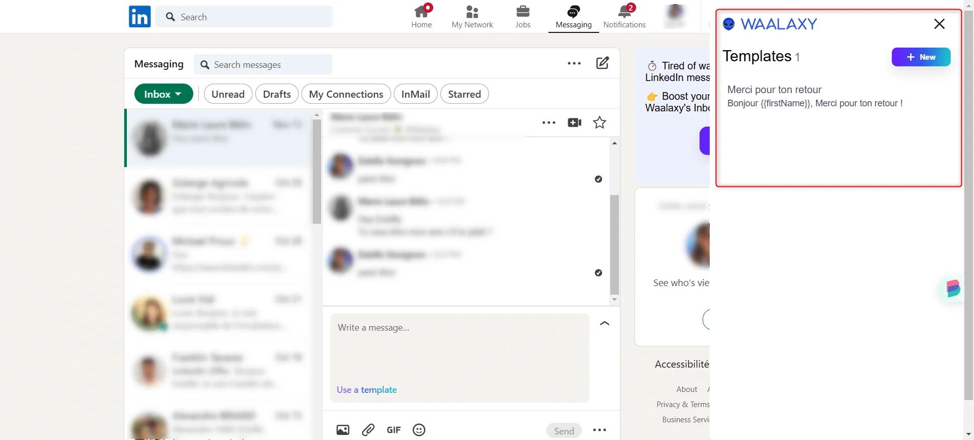 Page LinkedIn avec des messages et un pop-up "WAALAXY" présentant des templates.