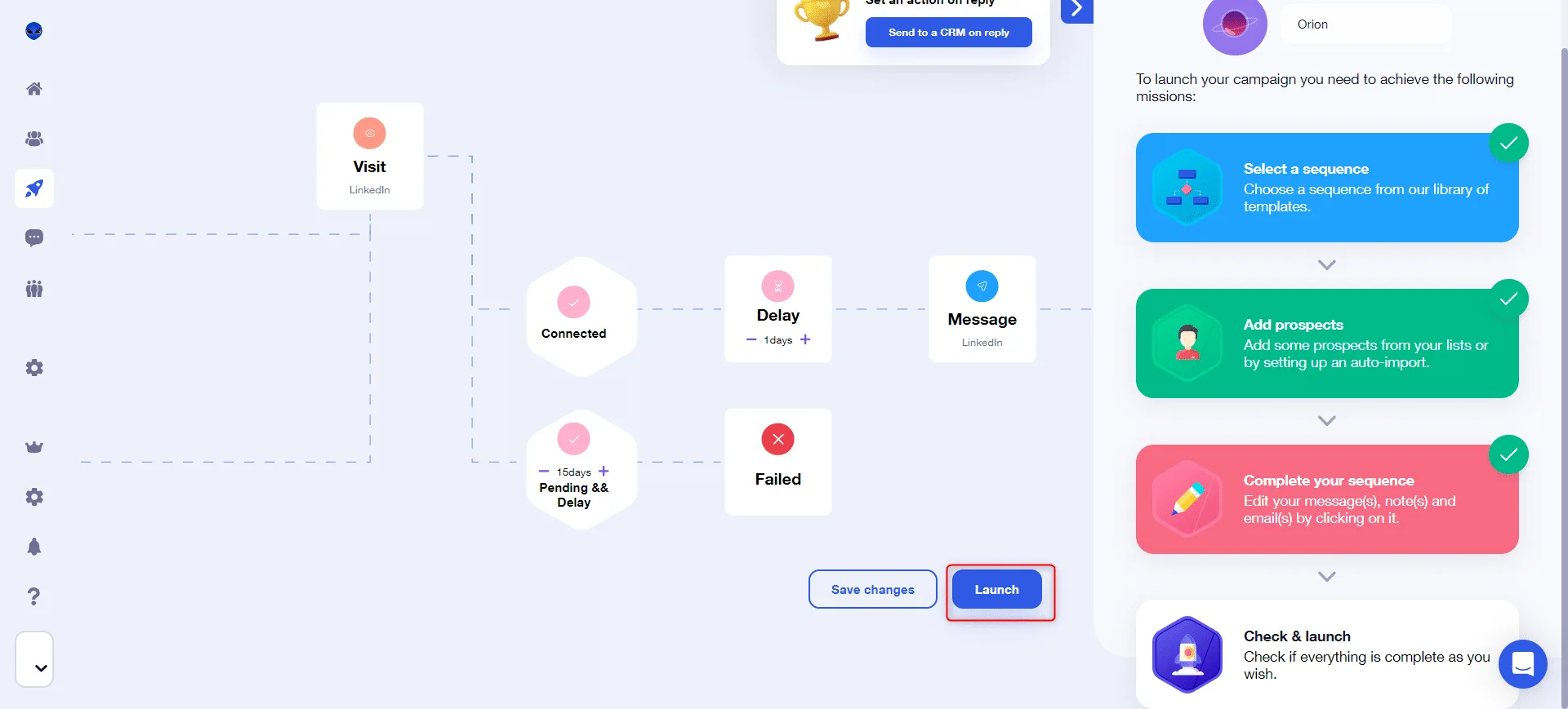 Interface utilisateur d'un outil marketing en ligne, avec des étapes et des boutons pour lancer une campagne.