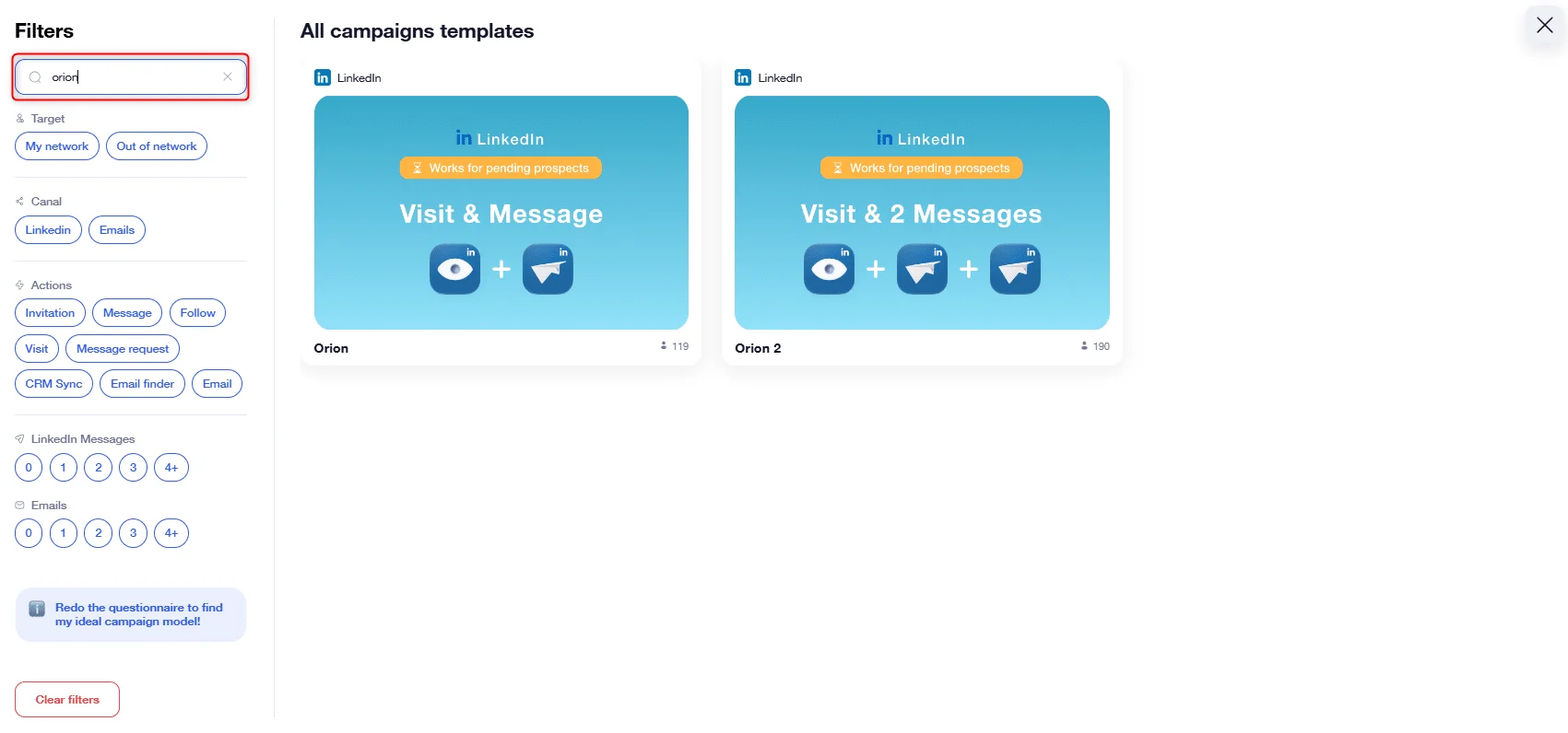 Page web montrant des modèles de campagnes LinkedIn avec filtres et options de messagerie.