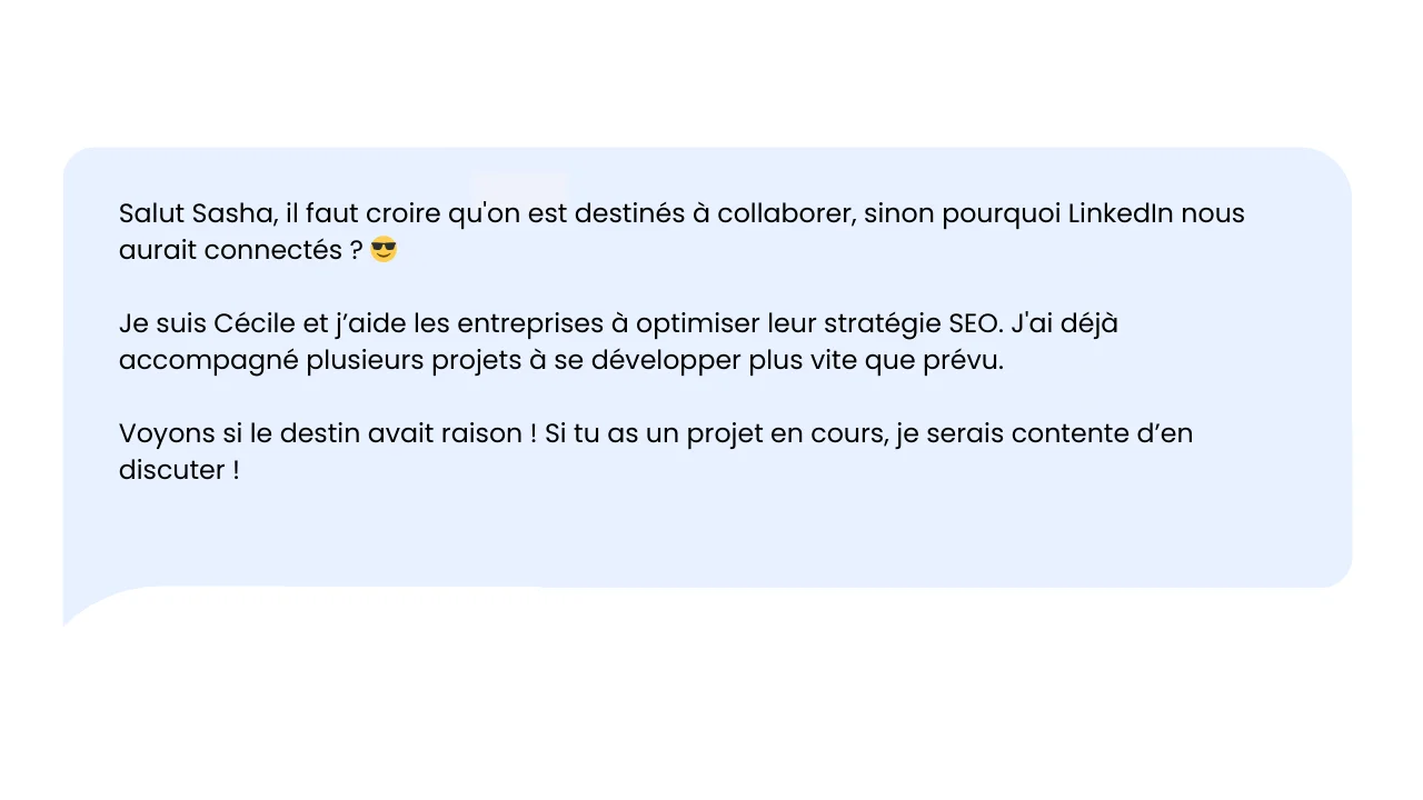 Message textuel : "Bonjour Sasha, il faut croire qu'on est destinés à collaborer." - Cécile parle d'optimisation SEO et projets en cours.