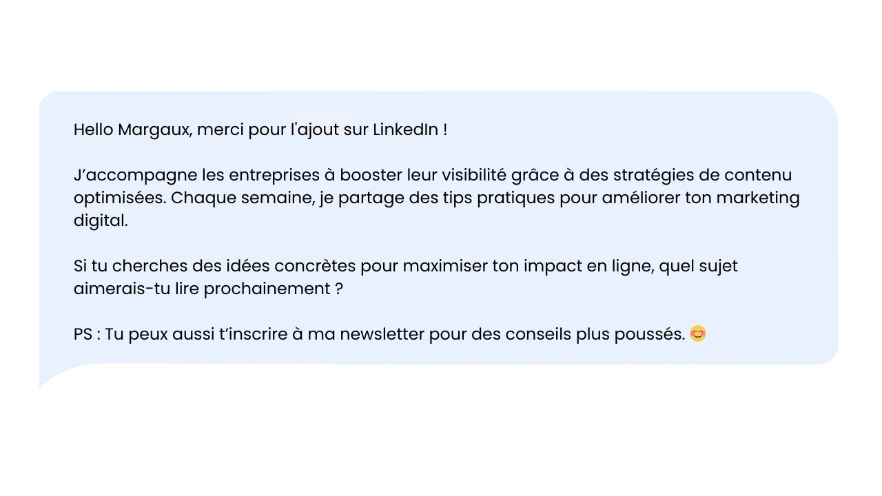 Message texte bleu sur fond blanc, conseil marketing digital.