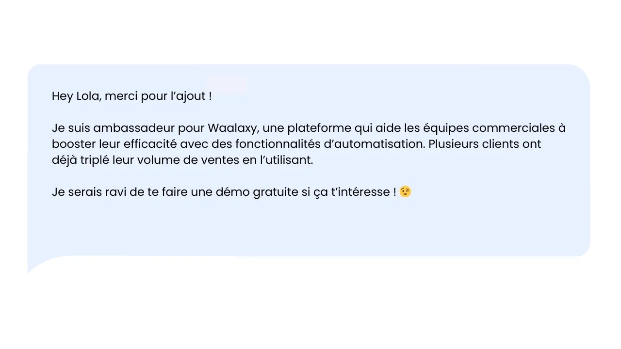 Message promotionnel Woalaxy, plateforme d'automatisation commerciale. Demande démo gratuite.