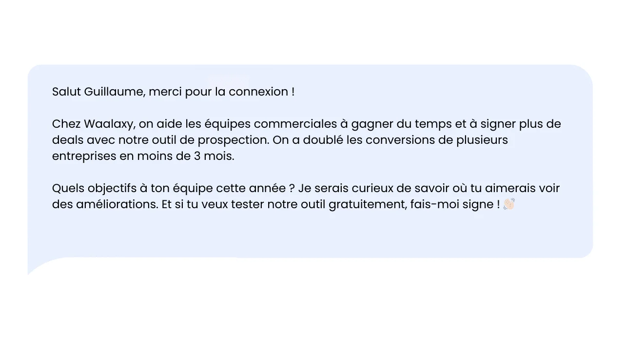 Message de WAALAXY à Guillaume sur l'outil de prospection.