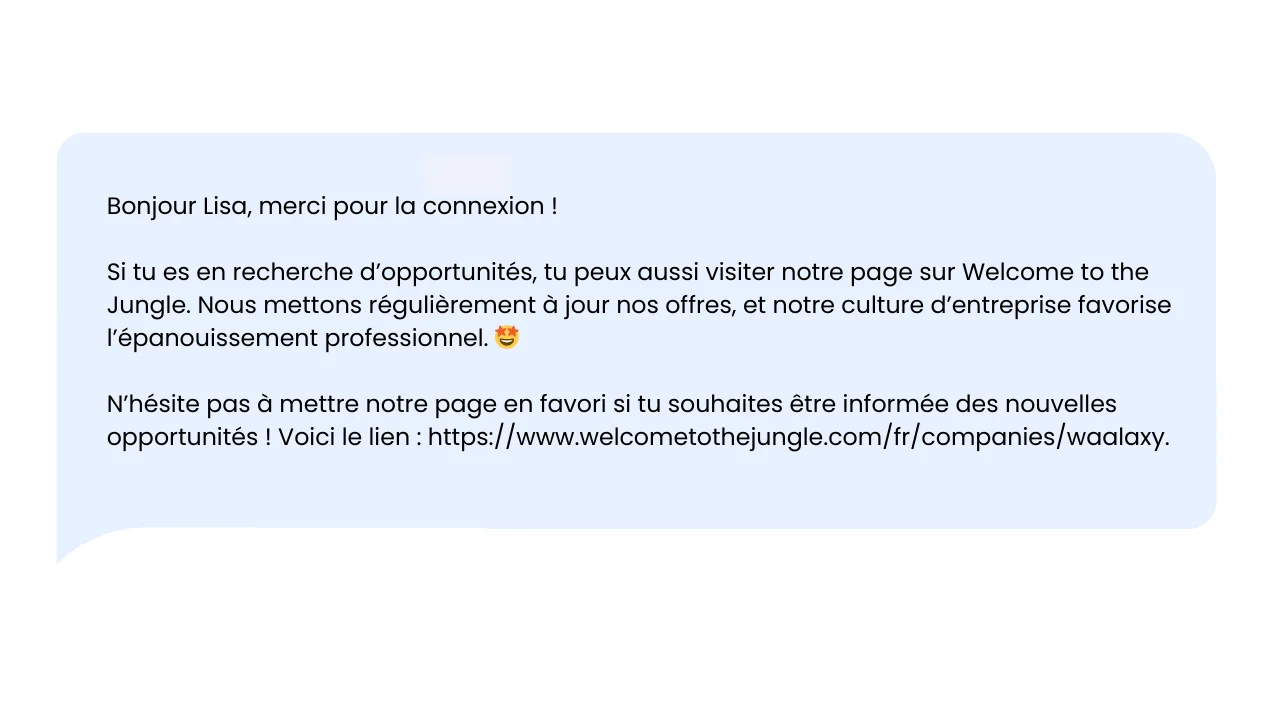 Message textuel bleu : "Bonjour Lisa, merci pour la connexion ! Offres d'emploi sur Welcome to the Jungle."