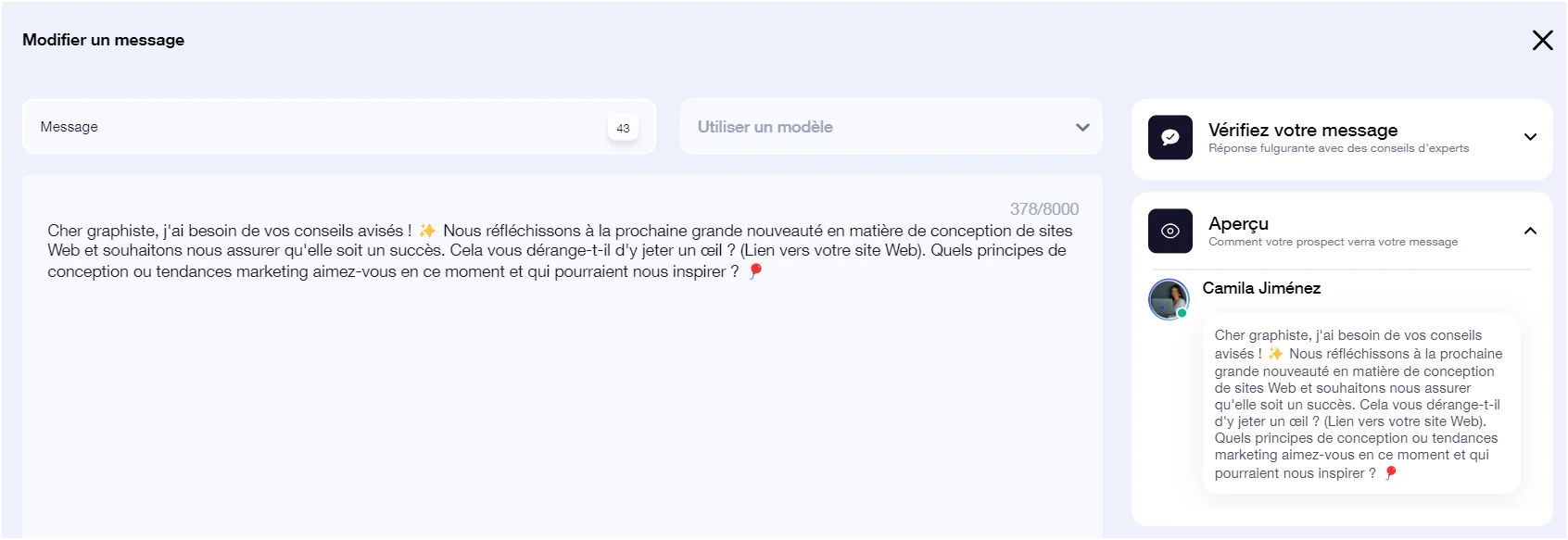 Interface de messagerie avec un message en cours d'édition et une suggestion d'aperçu.
