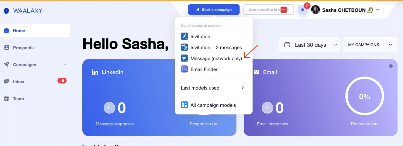Messaggi automatici di LinkedIn - campagna di messaggi waalaxy
