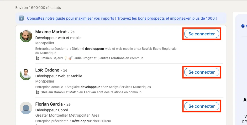 Résultats de recherche LinkedIn avec des profils d'utilisateurs et un bouton "Se connecter".