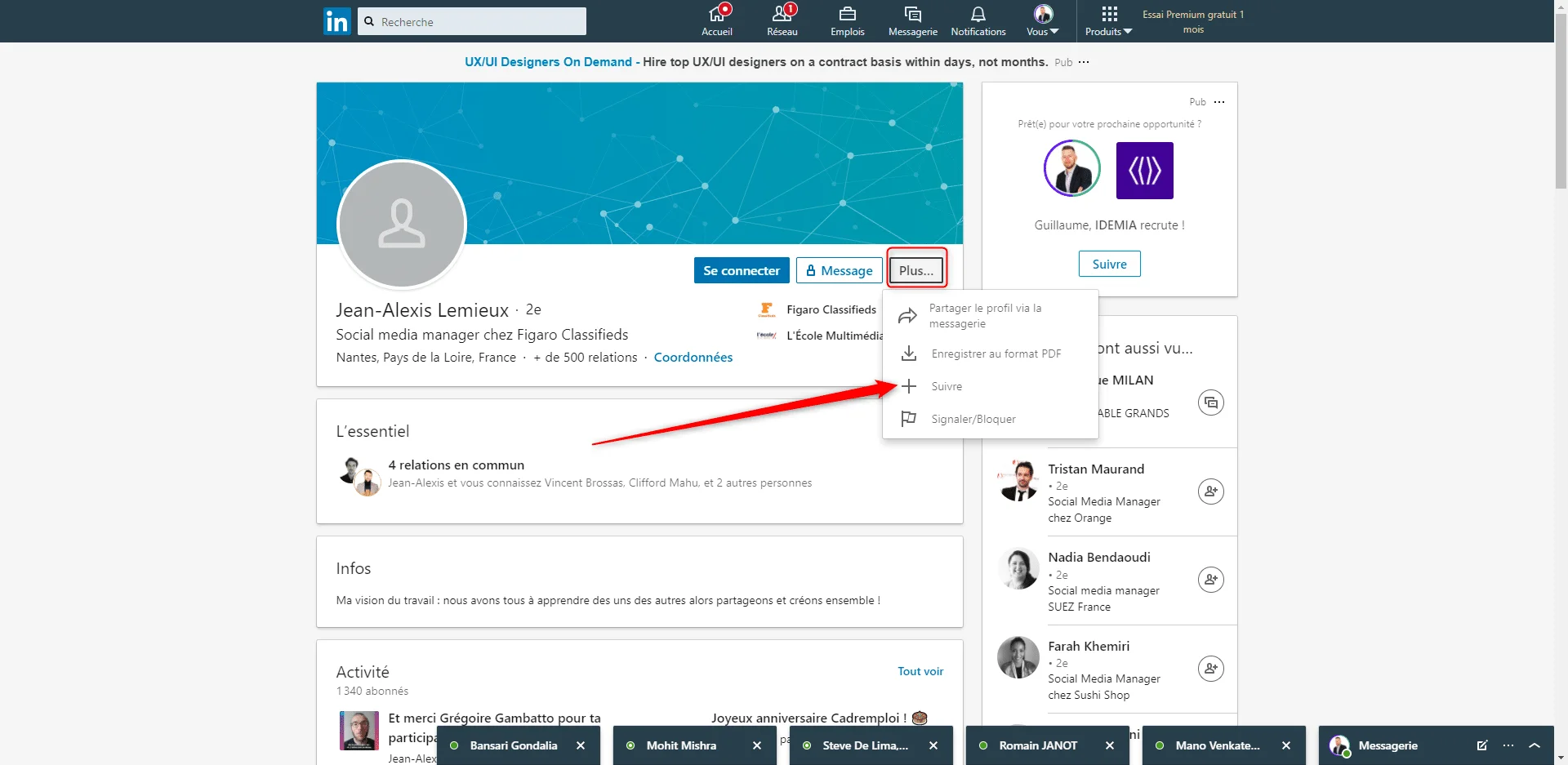 Menu des options du profil LinkedIn