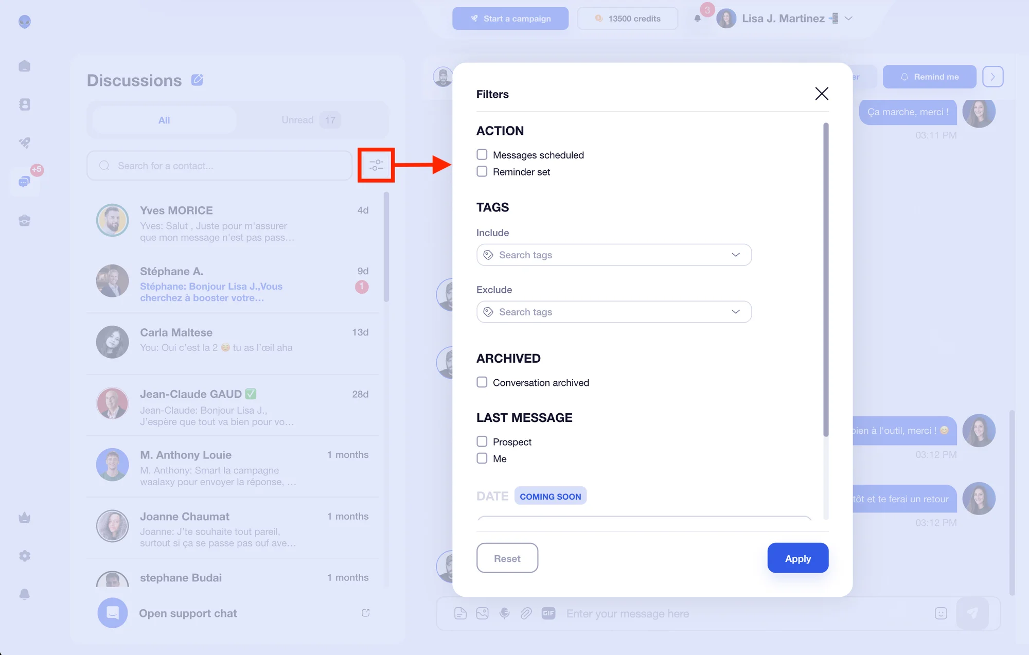 Gespreksfilters van Inbox Waalaxy