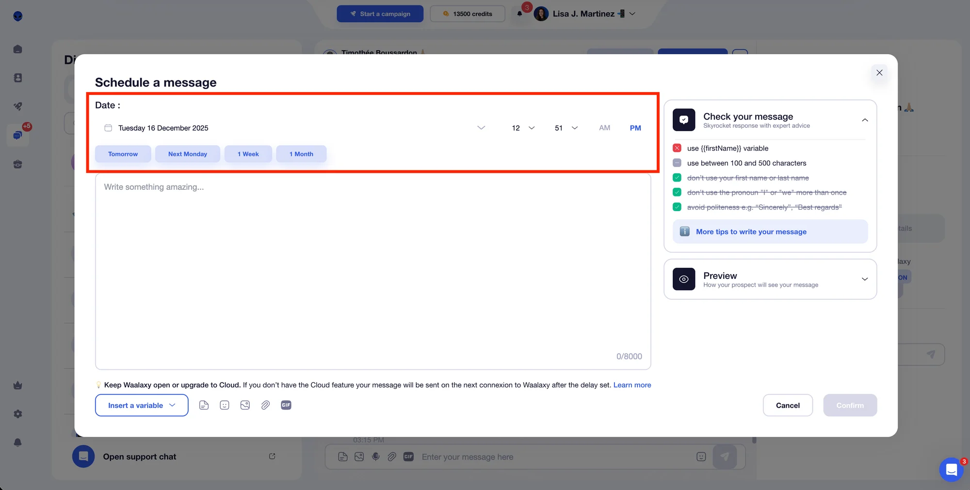 LinkedIn berichten inplannen in Inbox Waalaxy (datum en tijd)