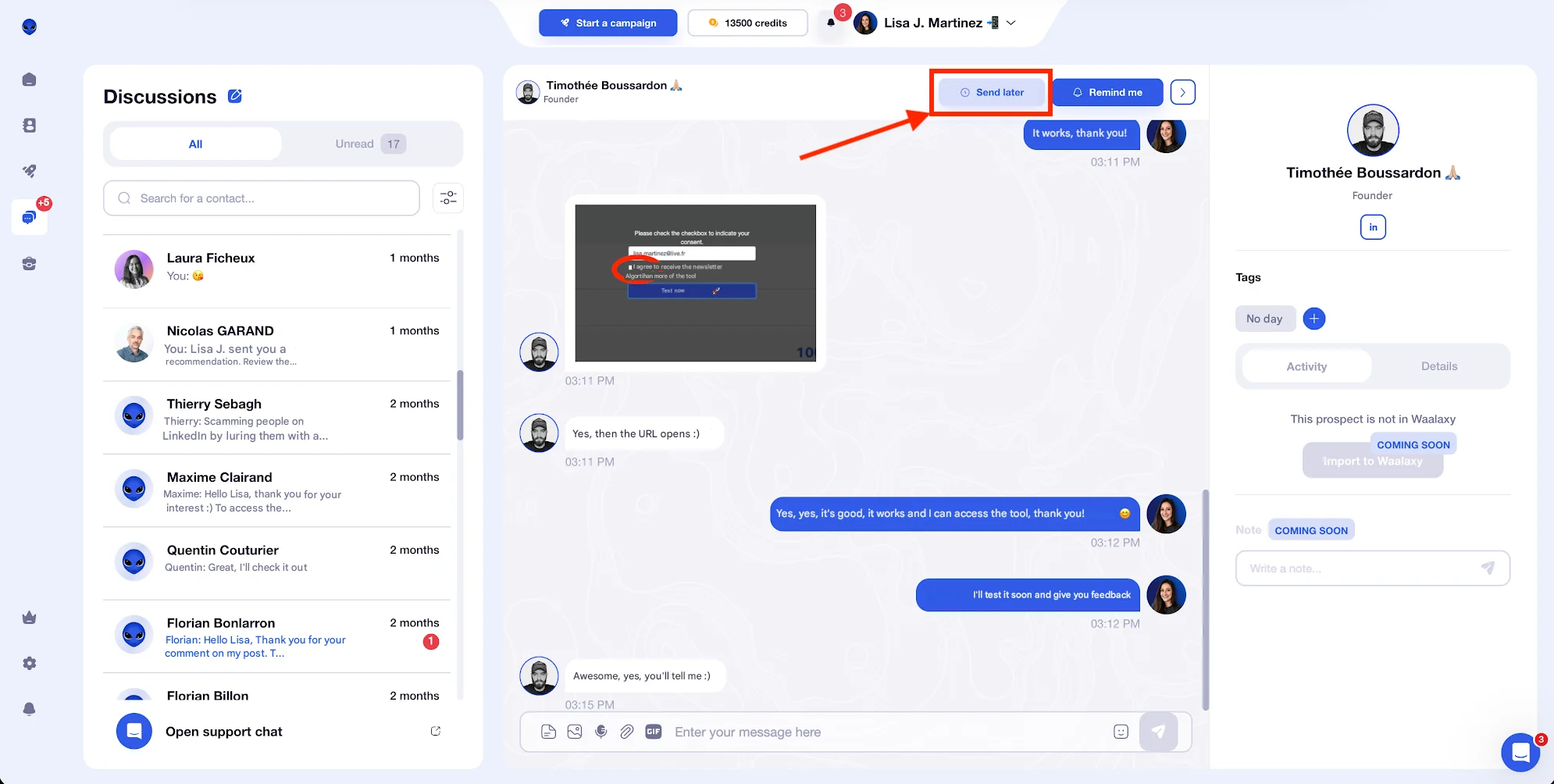 LinkedIn berichten inplannen in Waalaxy