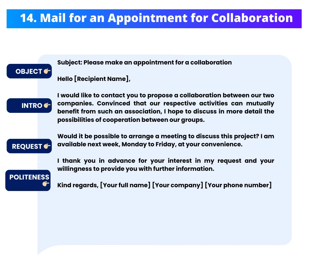 Modello di e-mail di richiesta di riunione per la collaborazione